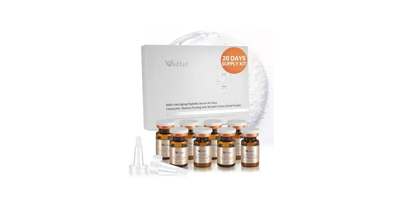 Zestaw Wollet 20 Days Supply Kit z serum z peptydami NAD+ i koenzymem I. Idealny do walki z oznakami starzenia, jak w przypadku produktów numbuzin no 9.